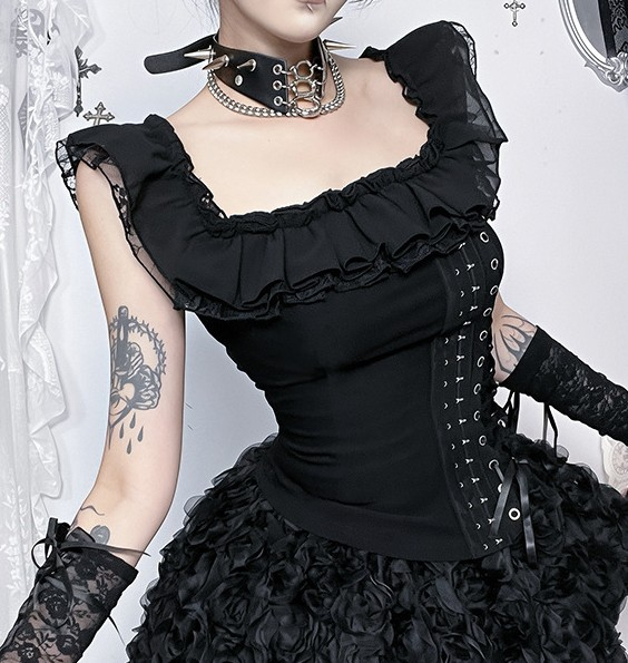 Gothic Black Ruffled Square Neck Top Dark Style Side Lacing Sleeveless Top